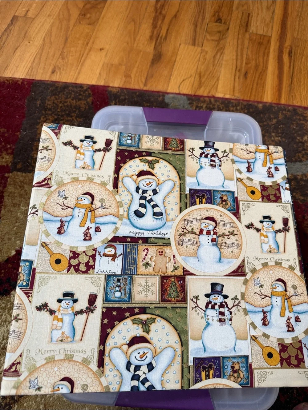 Festive Snowman Holiday Fabric photo binder- Cream, Blue, Red, Green